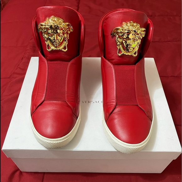 Versace Other - Hightop Cardinal Red/Gold Medusa head Versace sneakers